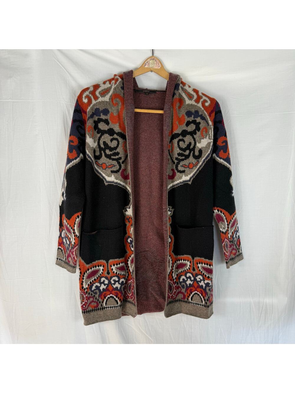 MAXSPORT Boho Open Cardigan Sweater Coat Hooded Size Small Paisley Black